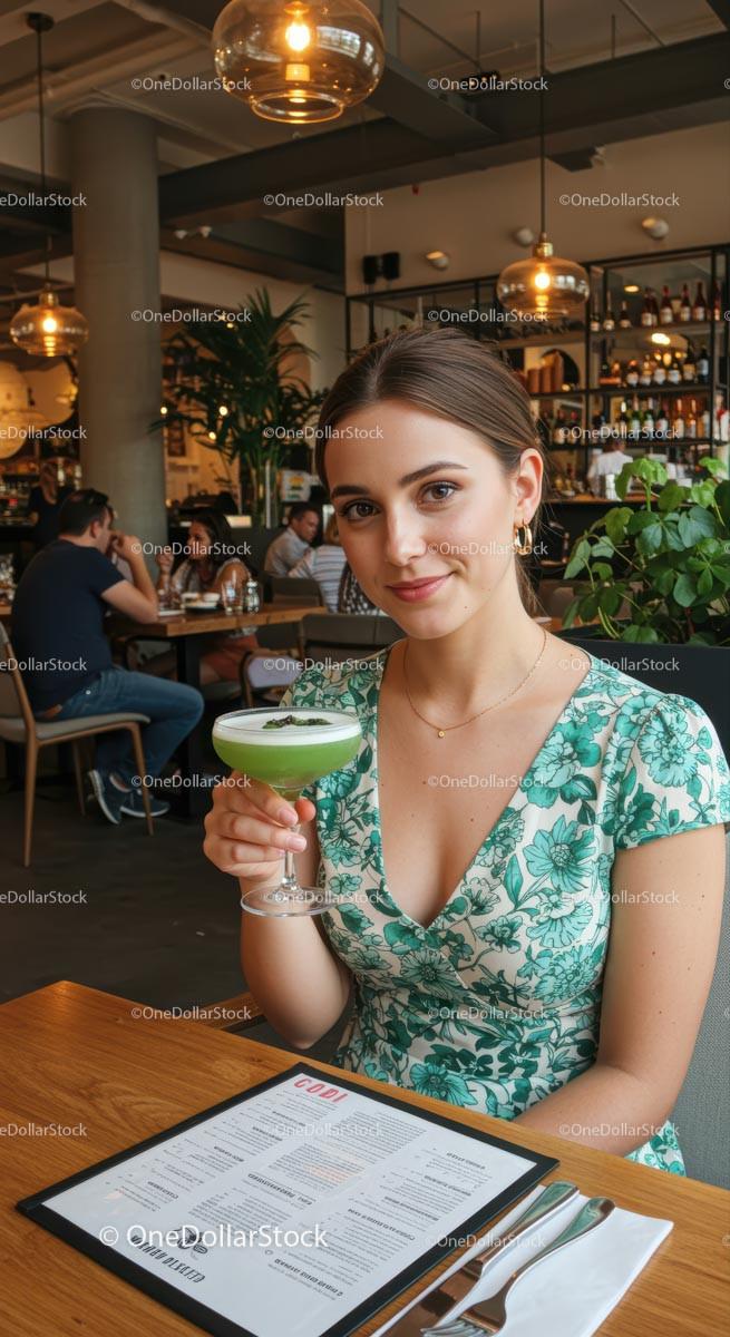 Smiling Woman Enjoying a Cocktail in a Modern Cafe