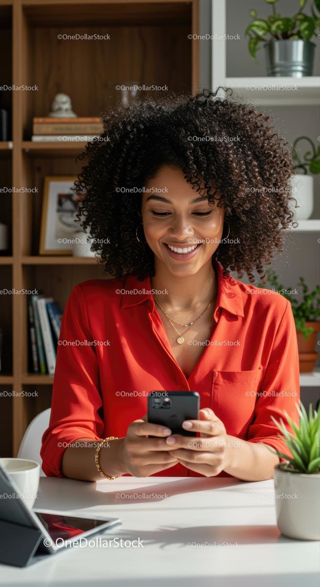 Smiling Woman Using Smartphone in Modern Office