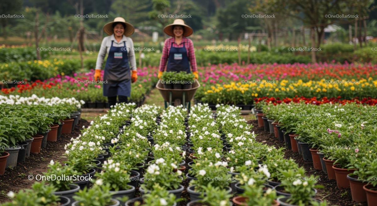 Women Gardeners with Wheelbarrow in Vibrant Flower Nursery