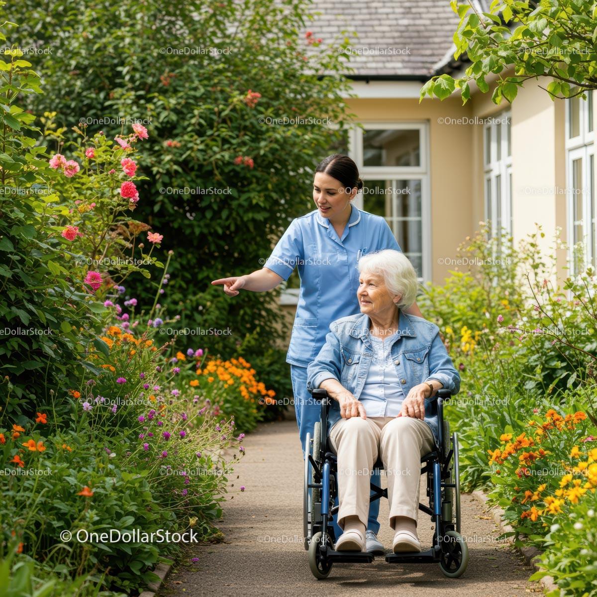 Caregiver Assisting Senior Woman in Lush Garden