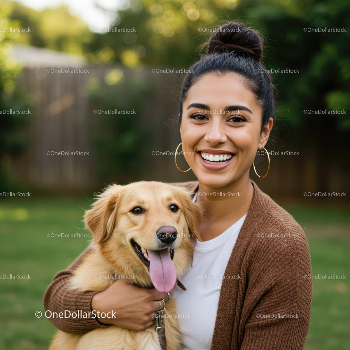 Joyful Woman with Golden Retriever in Sunny Garden