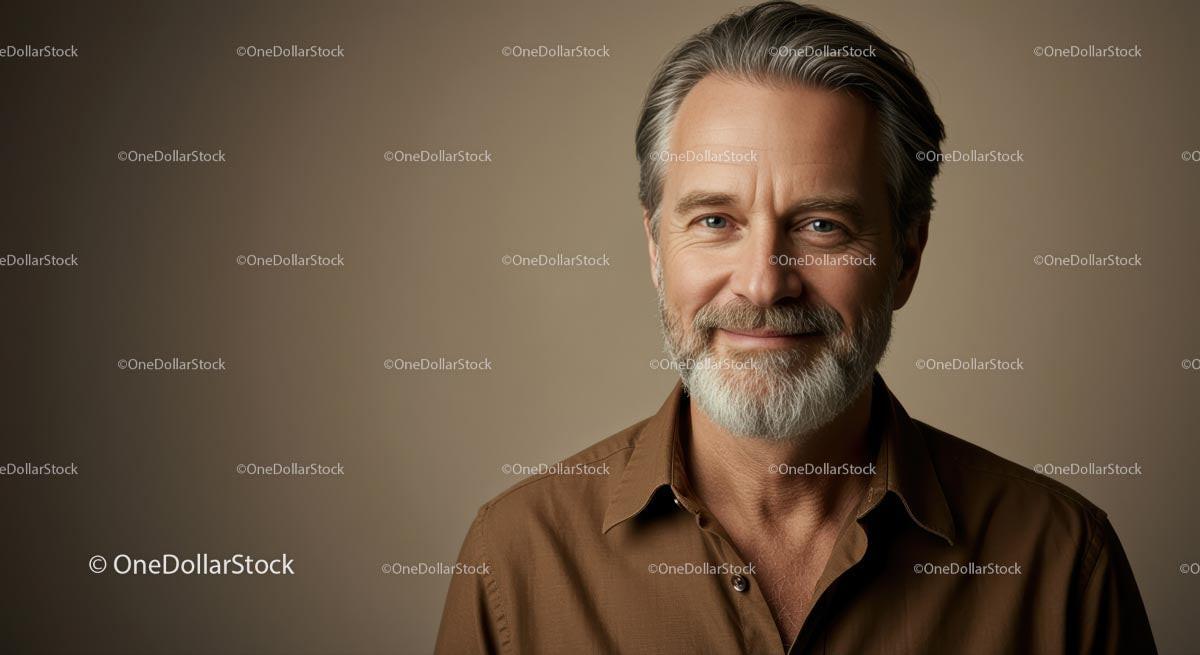 Confident Mature Man in Brown Shirt with Gray Beard