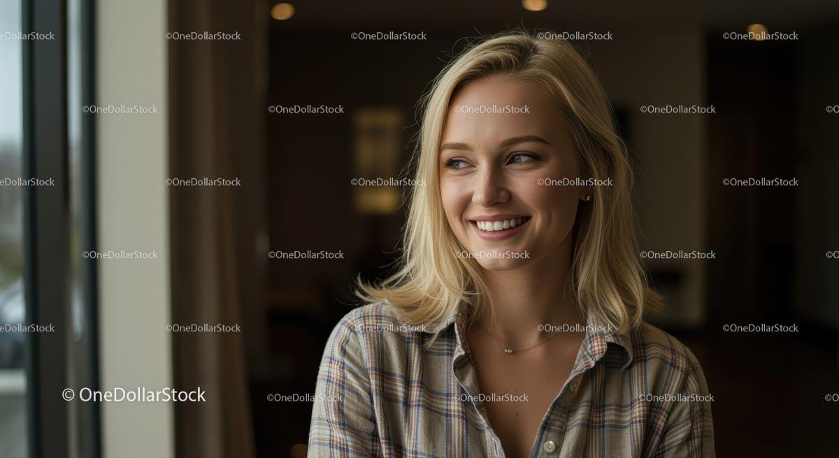 Smiling Blonde Woman in a Plaid Shirt by the Window