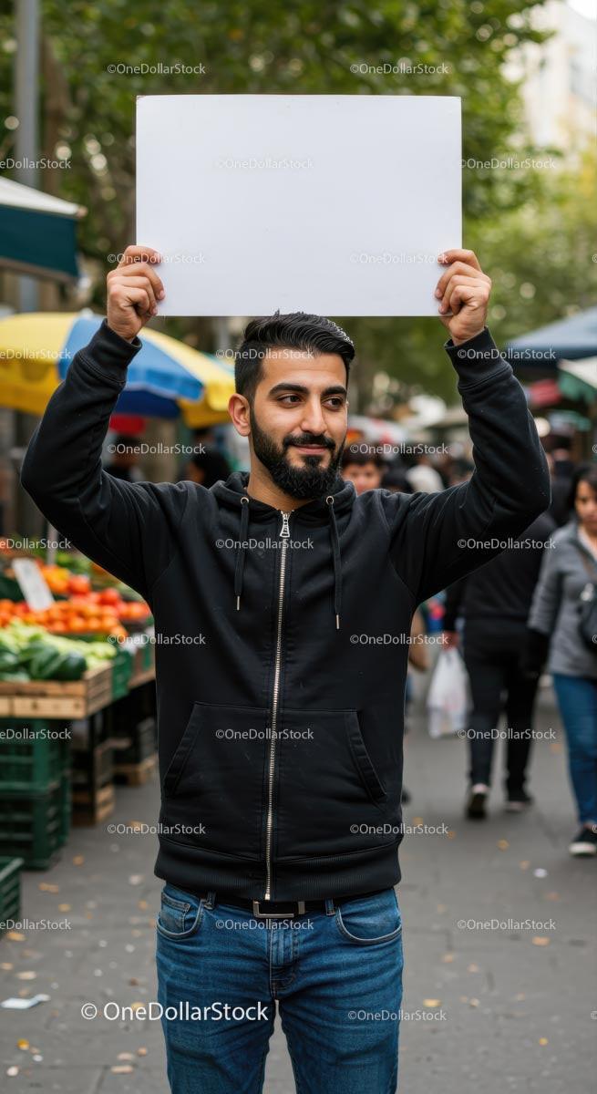 Man Holding Blank Sign in Vibrant Street Market