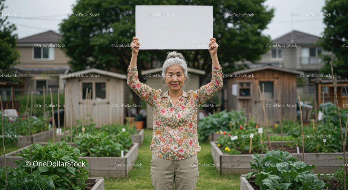 Elderly Woman Holding Sign in Lush Vegetable Garden