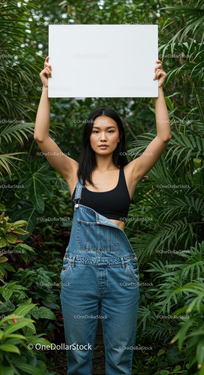 Woman in Denim Overalls Holding Blank Sign in Lush Garden