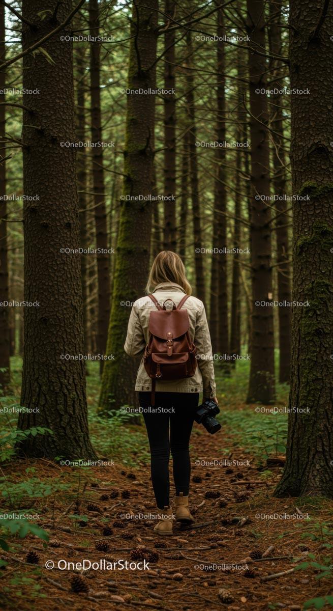 Hiker in Tranquil Pine Forest Capturing Nature