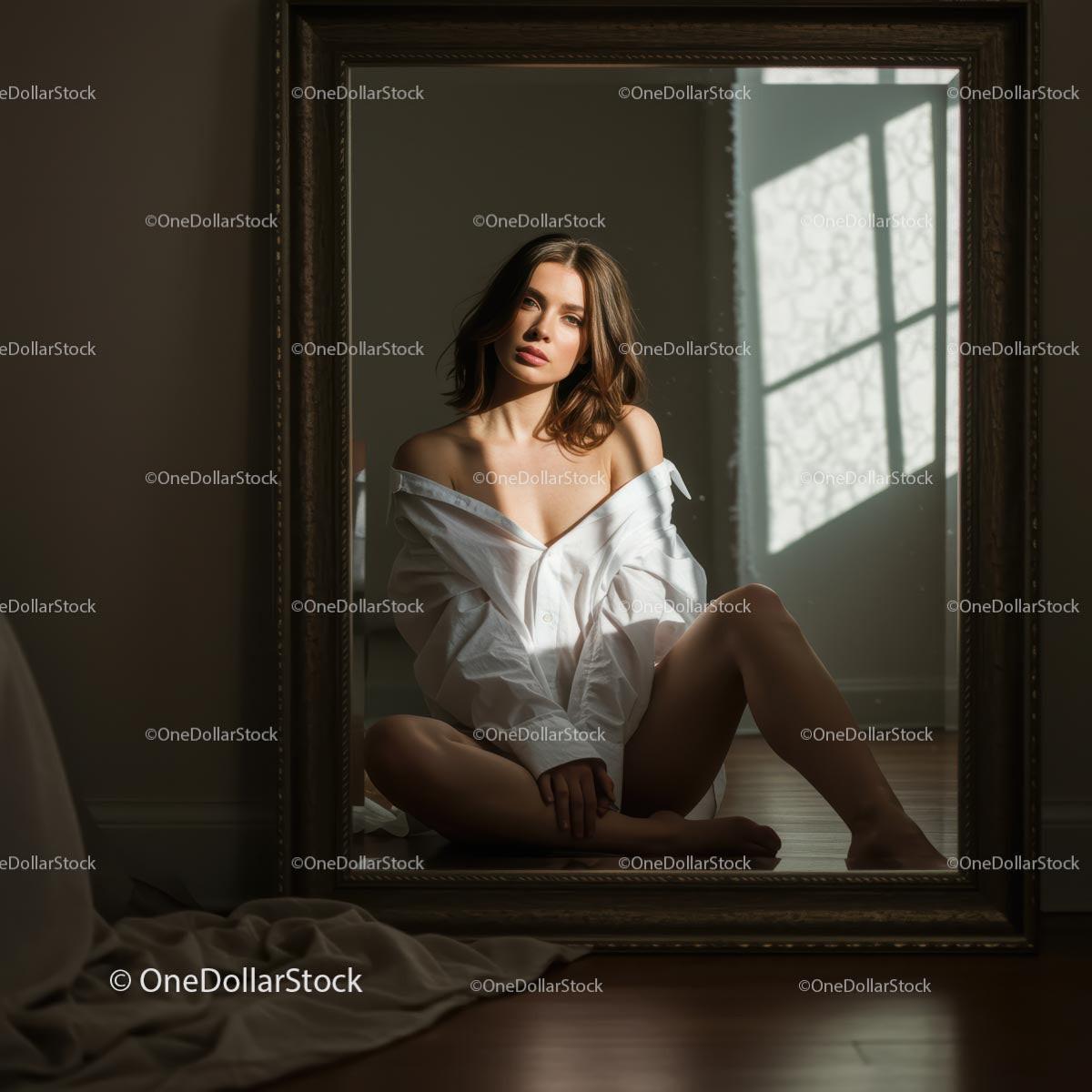 Pensive Woman in White Shirt Reflecting in a Mirror