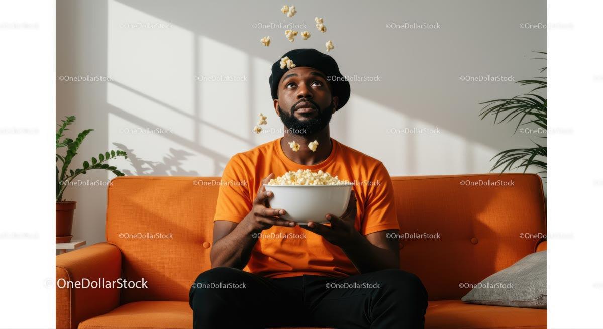 Man Enjoying Popcorn on Bright Orange Couch