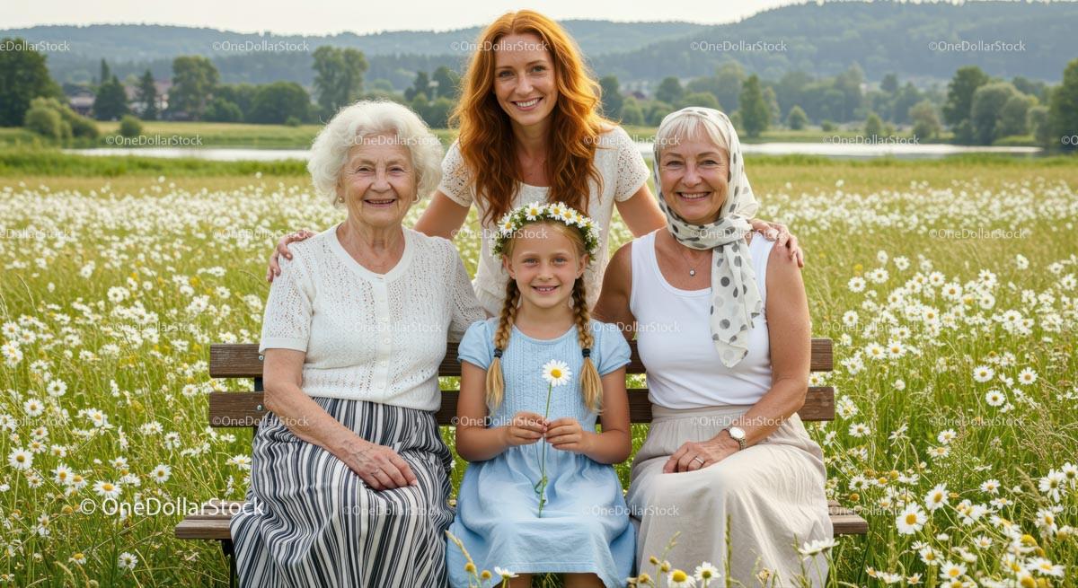 Multigenerational Family in a Daisy-filled Field 15 JPG Files digital asset preview