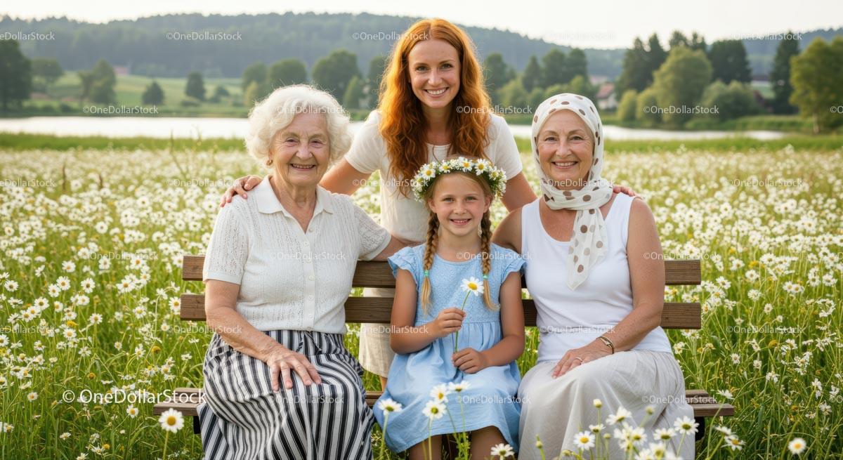 Multigenerational Family in a Daisy-filled Field Stock Photo Bundle creative preview 4