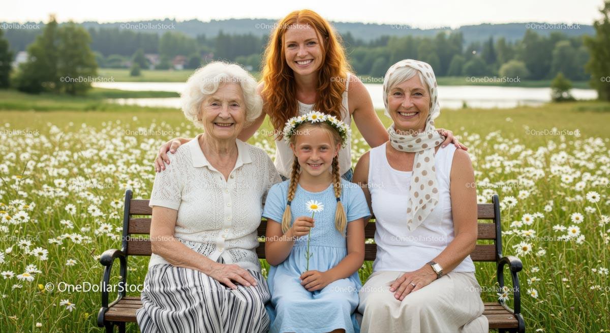 Four Generations of Women Smiling in a Field of Daisies