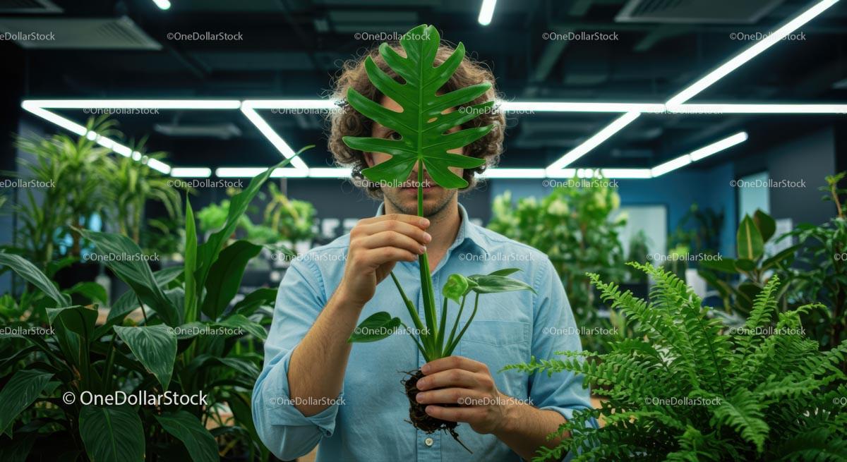 Man Holding Monstera Leaf in Modern Office Setting