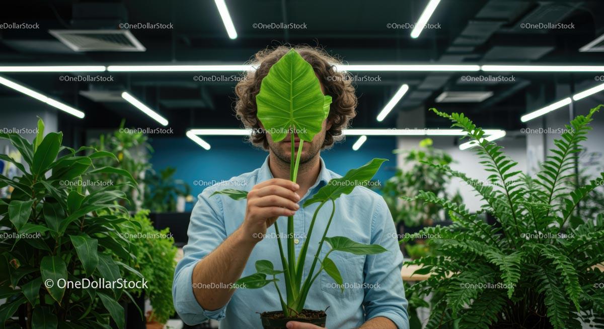 Person Holding Monstera Leaf in Modern Office Stock Photo Bundle preview 11