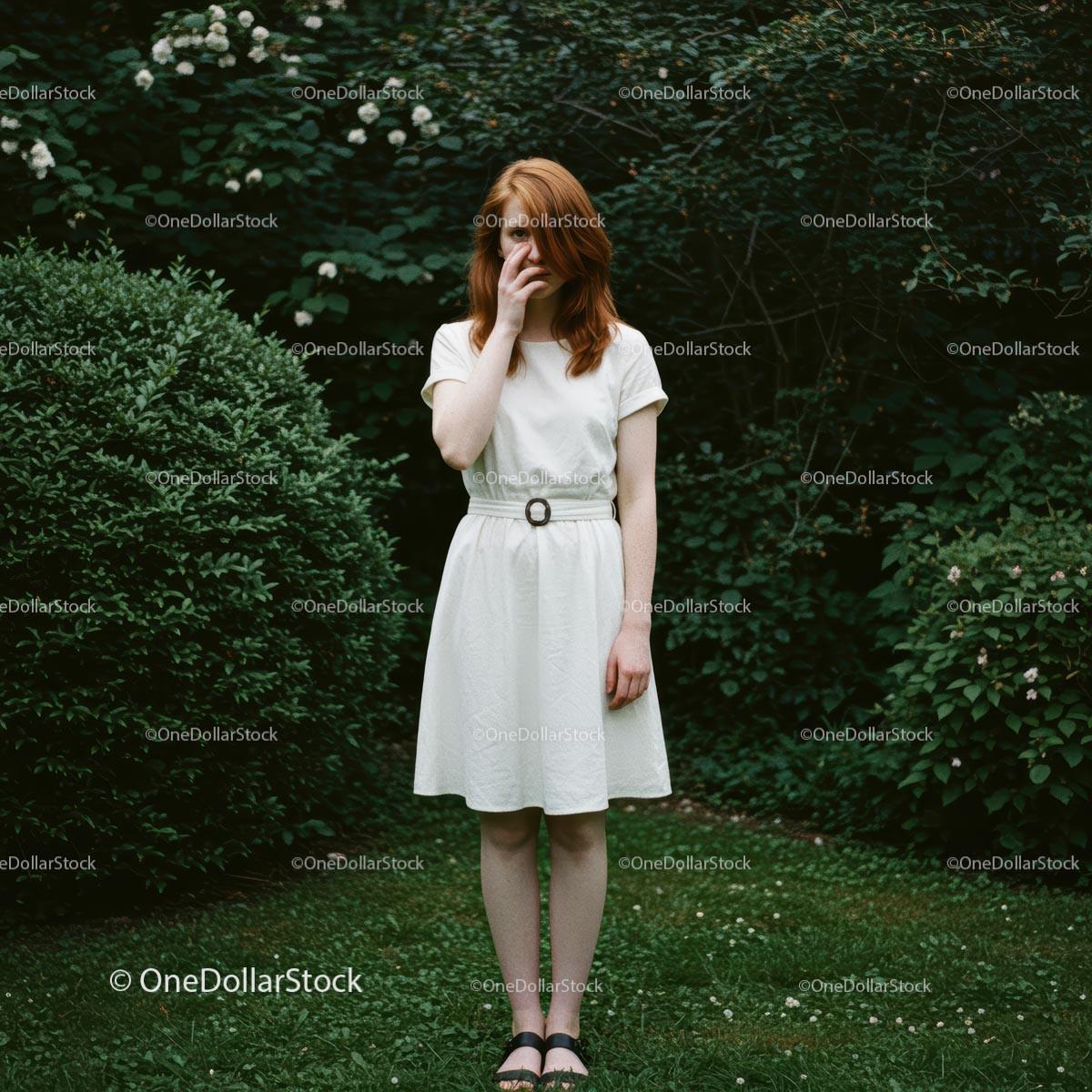 Redhead Woman in White Dress in Lush Green Garden
