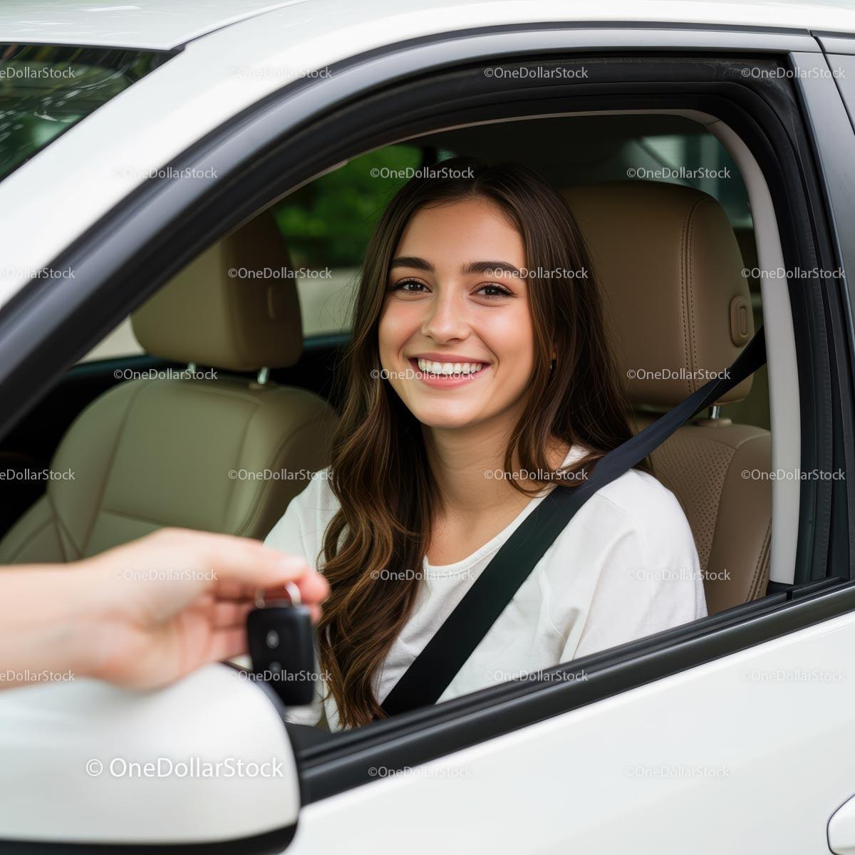 Smiling Young Woman Receives Car Keys in White Vehicle