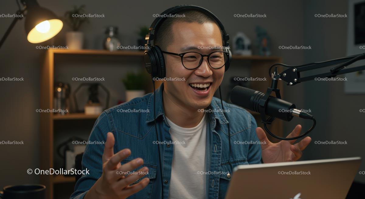 Smiling Podcaster in Home Studio with Microphone