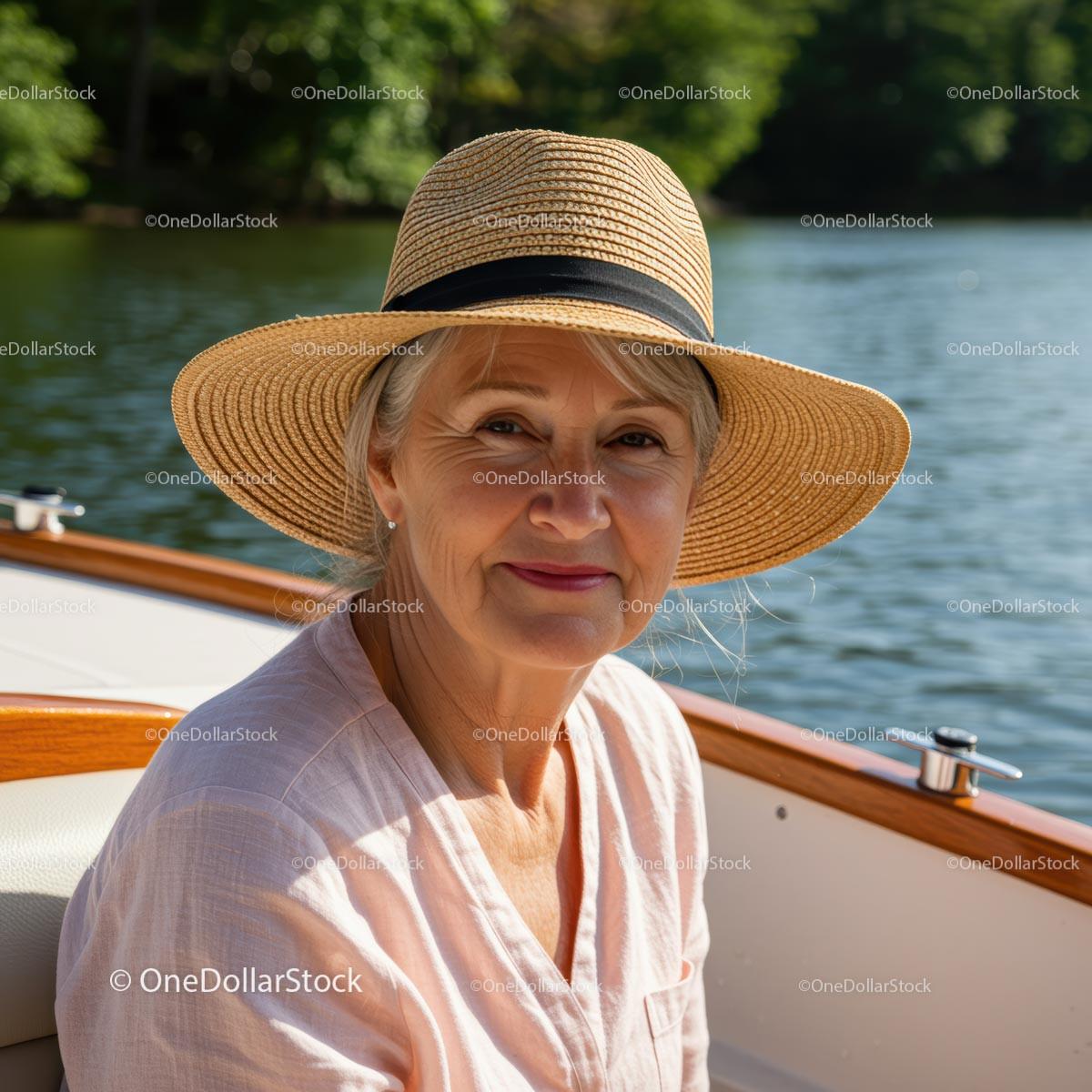Elderly Woman Relaxing in a Boat on a Serene Lake