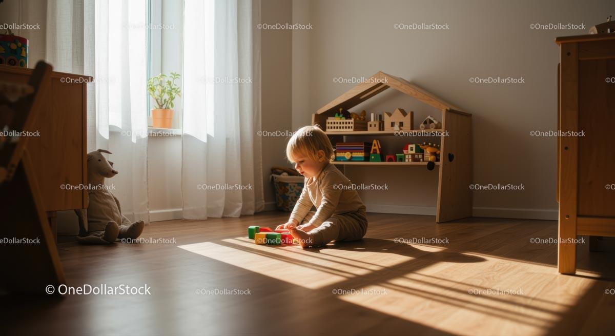 Toddler Playing with Wooden Blocks in Cozy Sunlit Room