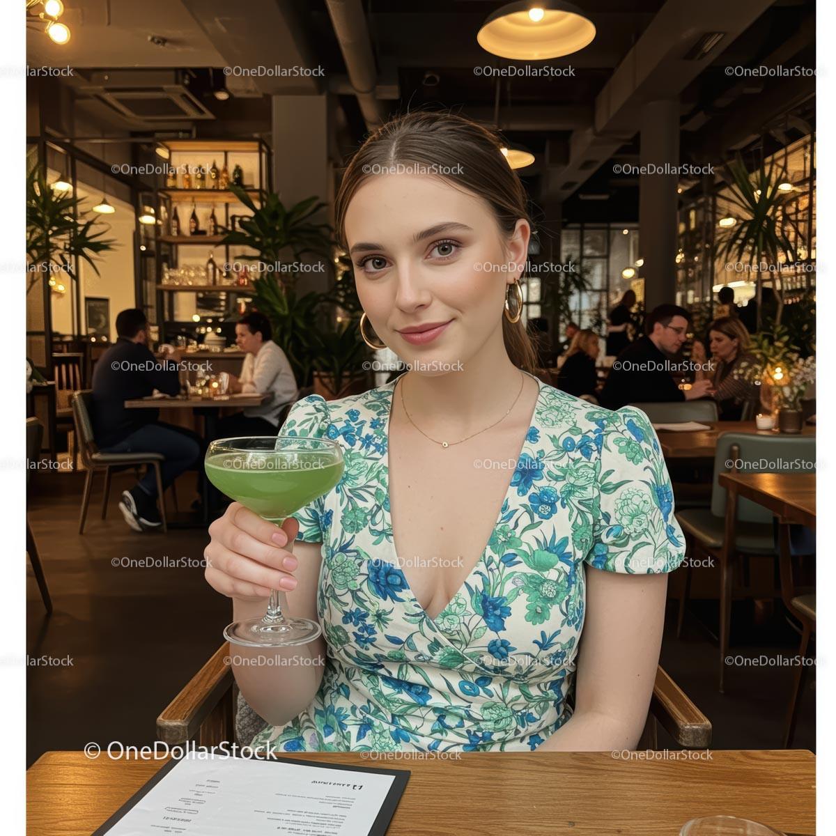 Young Woman Enjoying a Green Cocktail in a Cafe