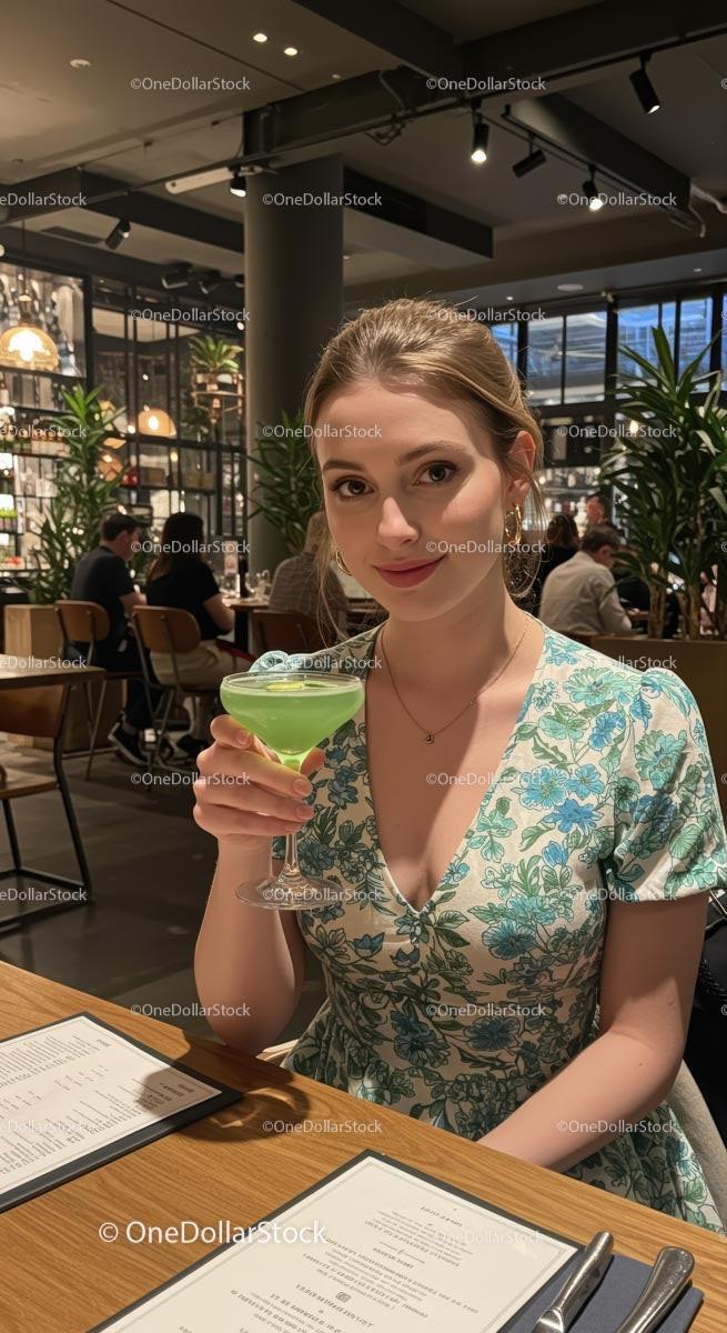 Elegant Woman Enjoying a Green Cocktail in Modern Restaurant