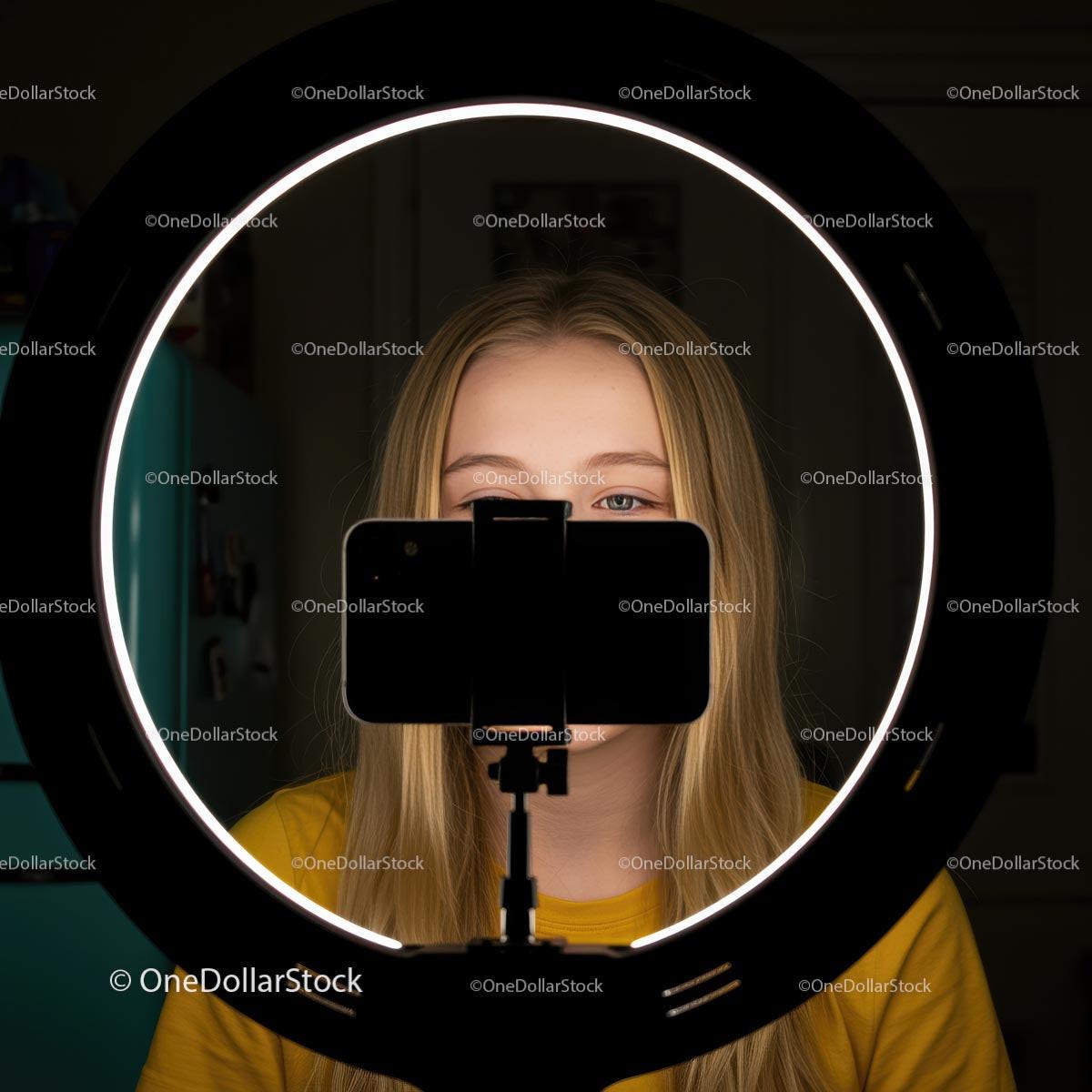 Young Woman Using Ring Light for Vlogging