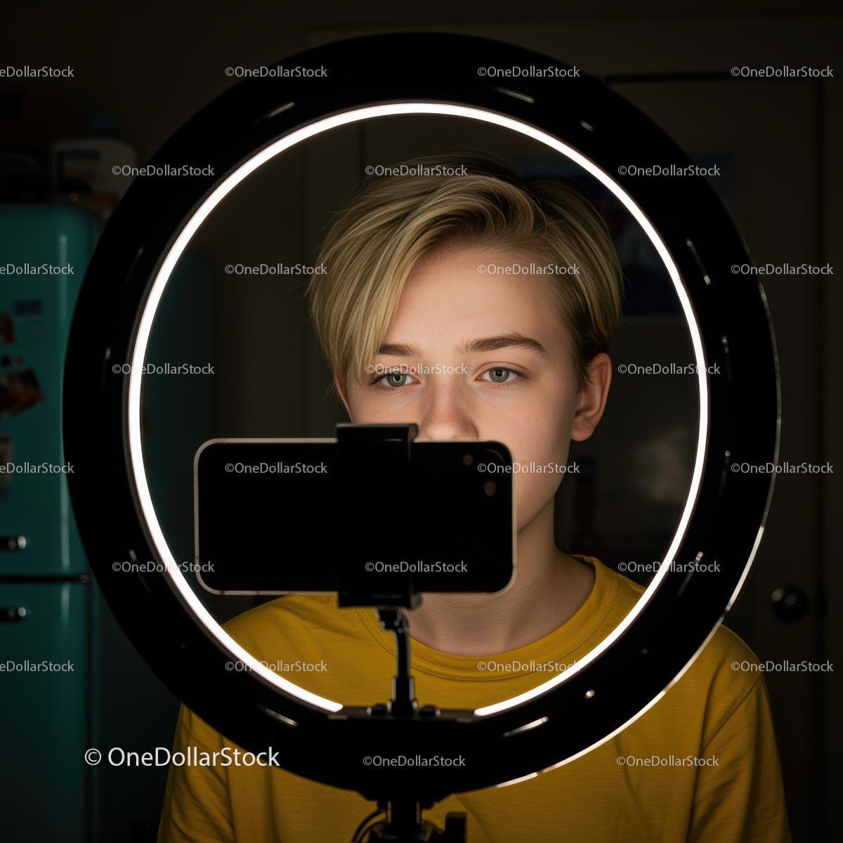 Young Person Using Ring Light for Mobile Photography