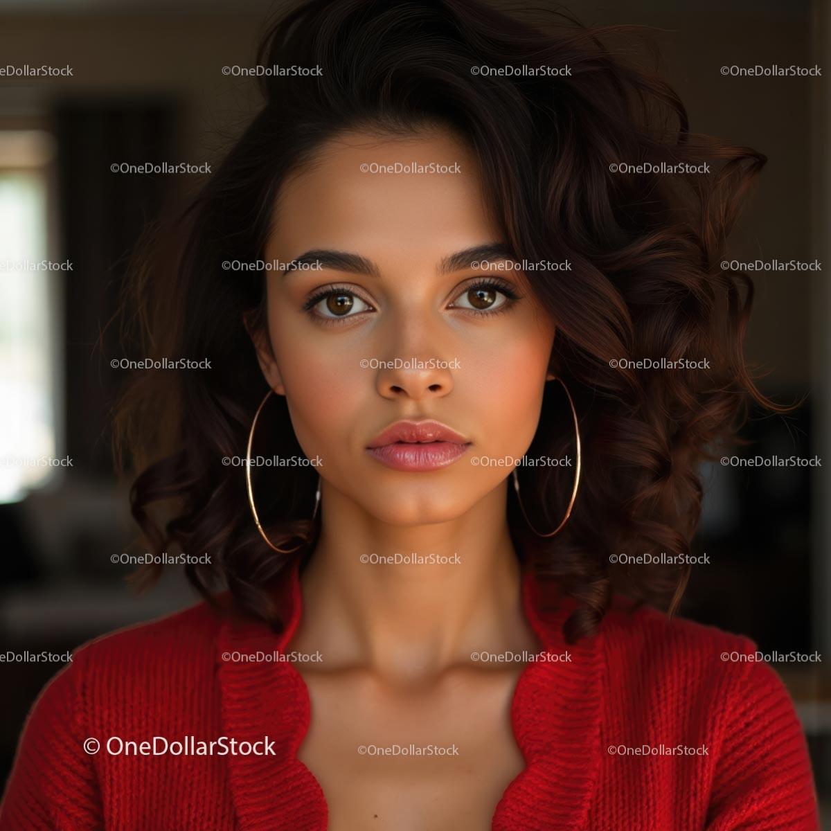 Portrait of a Woman in a Red Sweater with Curly Hair