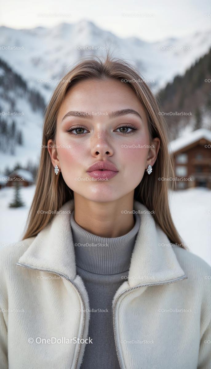 Young Woman in Winter Fashion with Snowy Mountain Backdrop