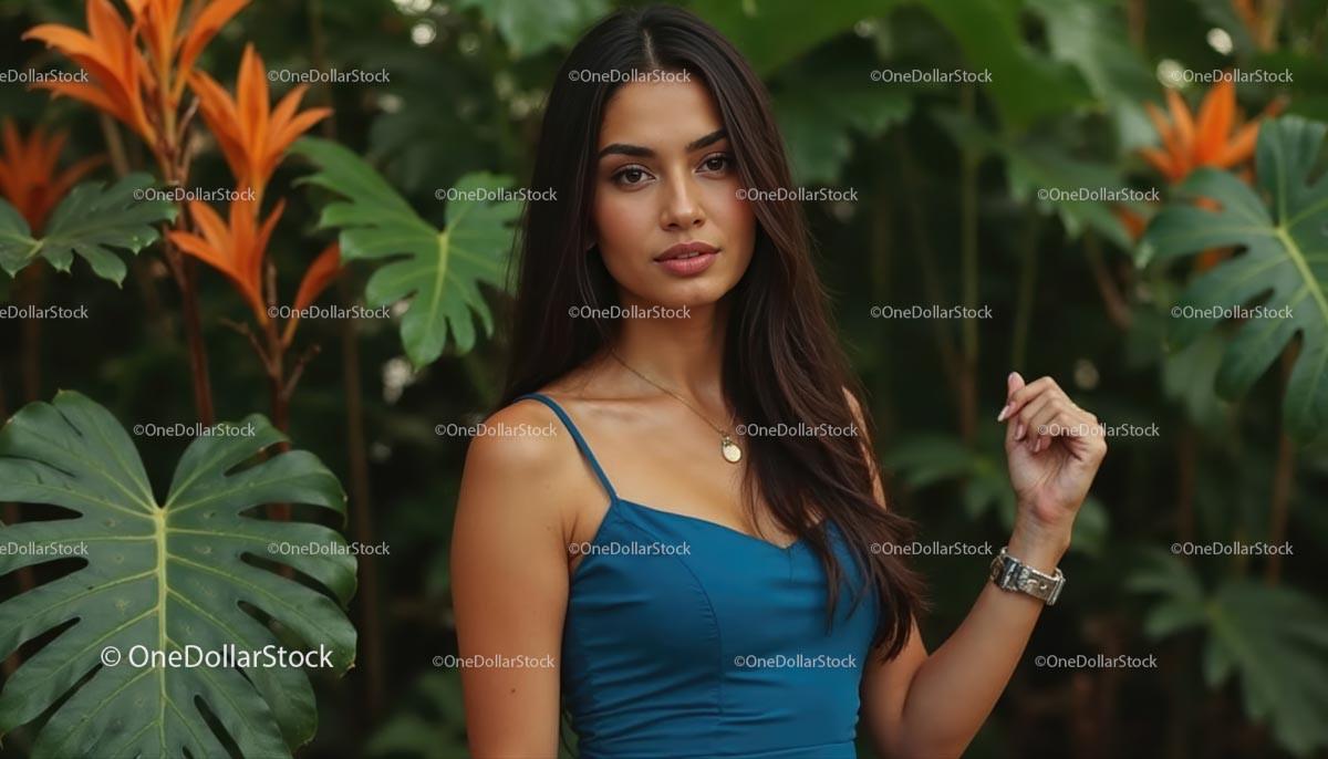Elegant Woman in Blue Dress Amidst Tropical Foliage