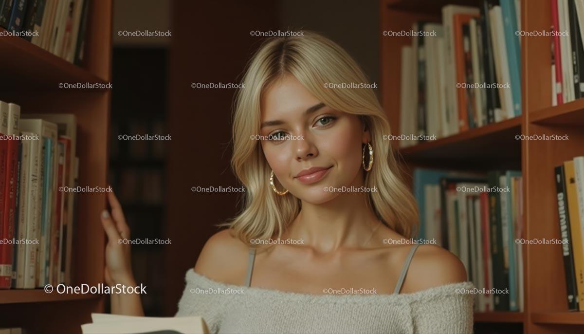 Blonde Woman Posing in Cozy Library Setting