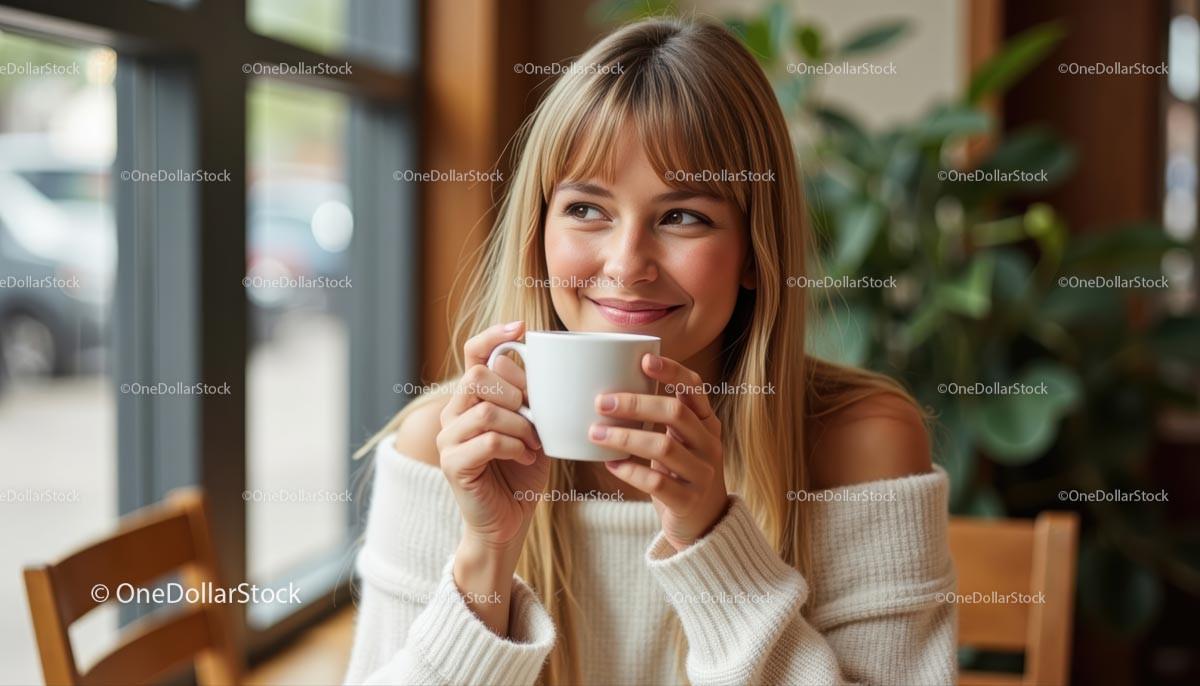 Woman Enjoying Morning Coffee in Cozy Cafe Setting