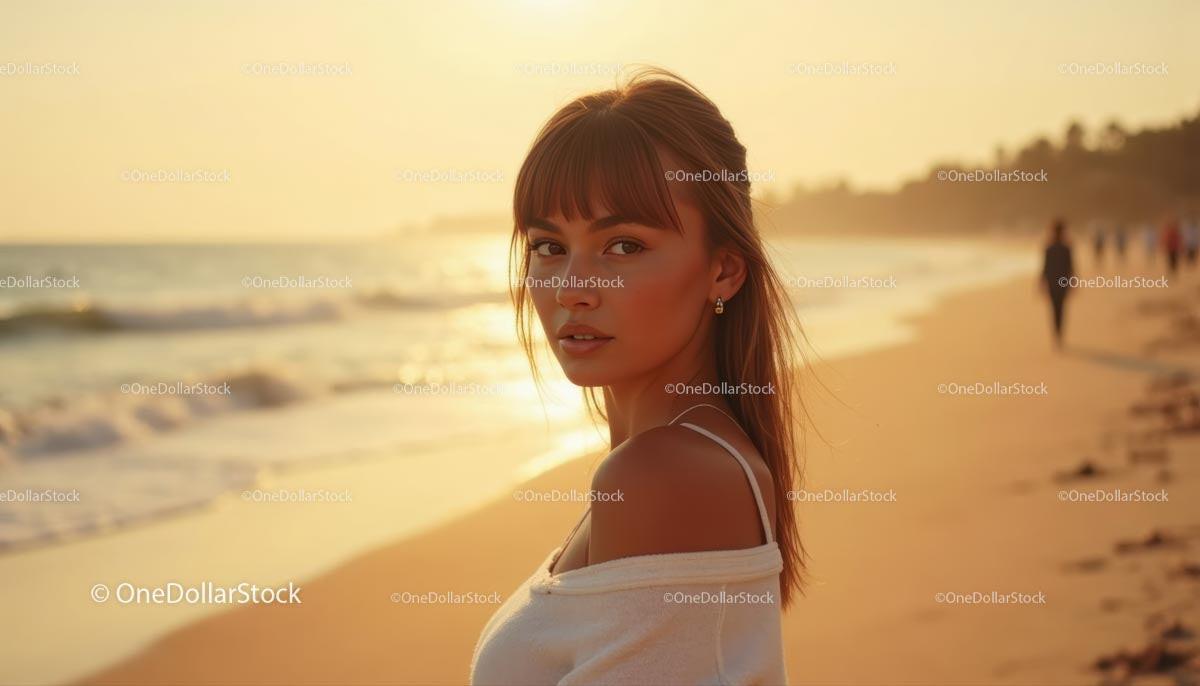 Young Woman Enjoying a Golden Hour Stroll on the Beach