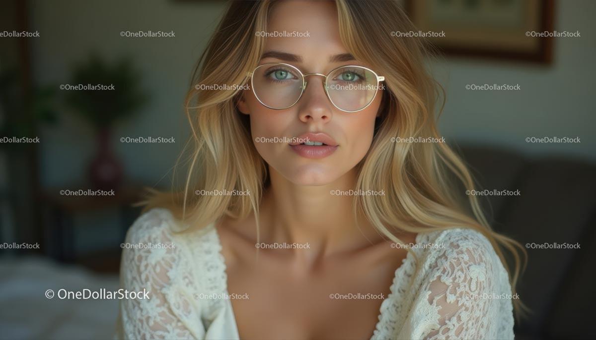 Blonde Woman with Glasses in Lace Dress Indoors