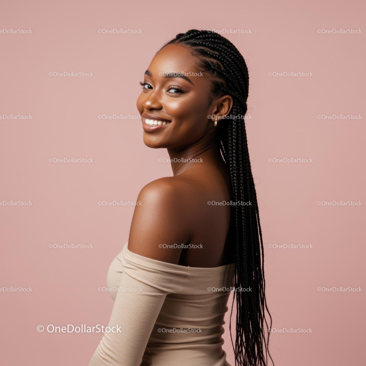 Smiling Woman with Braided Hair in Off-Shoulder Top