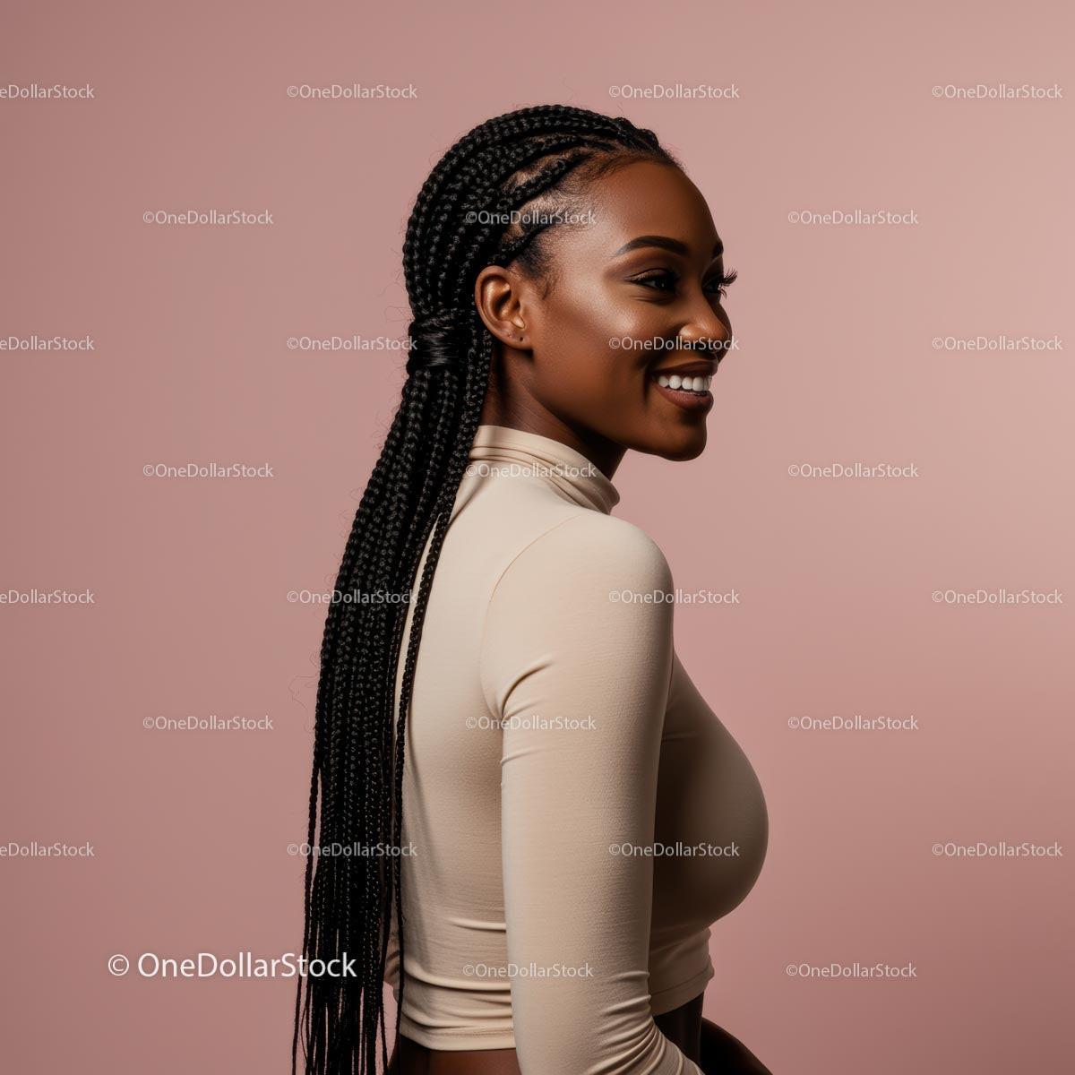 Stylish Woman with Braided Hair in Beige Outfit