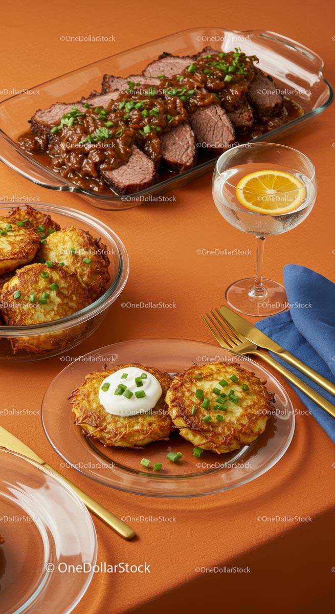 Elegant Dining with Roast Beef and Potato Pancakes Stock Photo Bundle preview