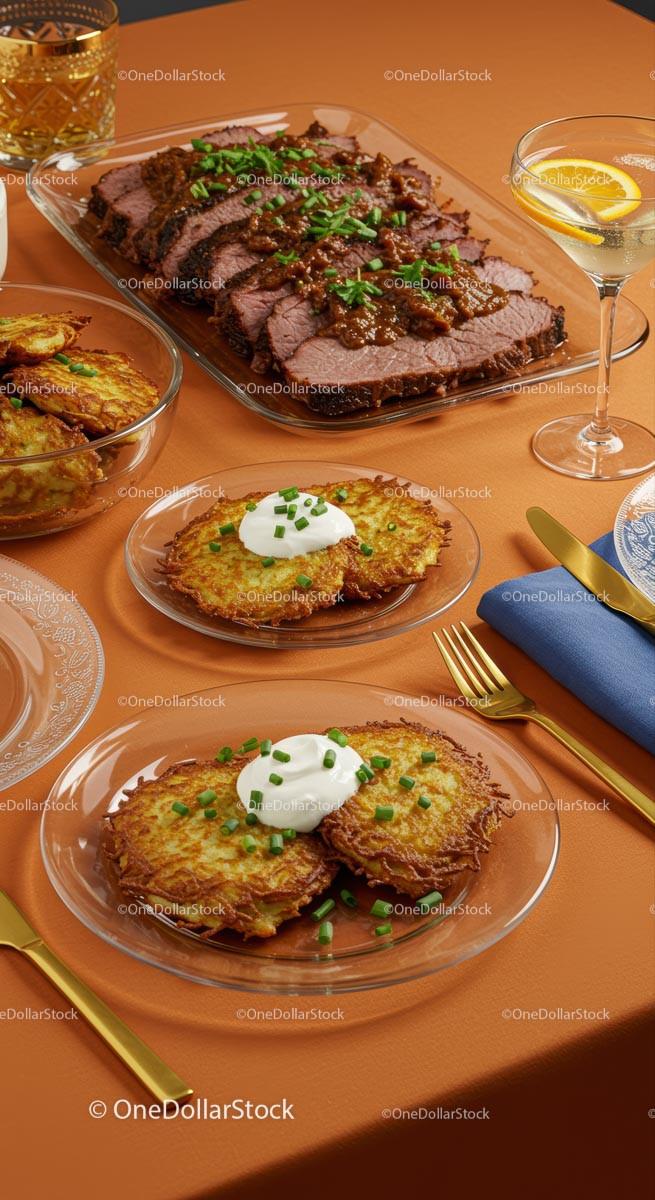 Elegant Dining with Roast Beef and Potato Pancakes Stock Photo Bundle creative preview 4