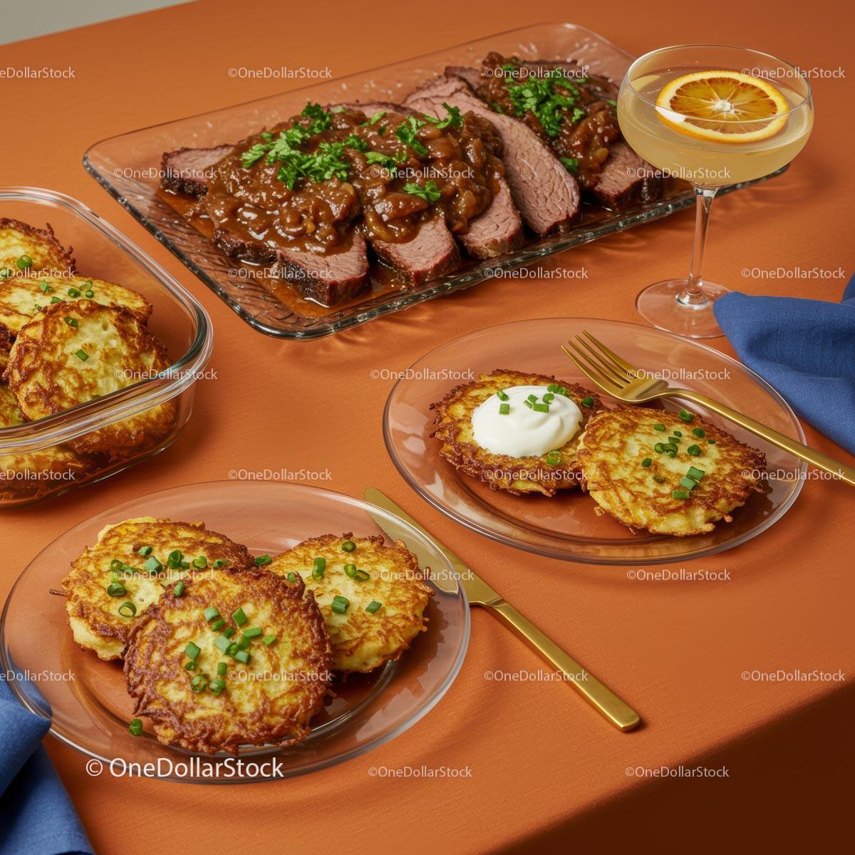 Elegant Dining with Roast Beef and Potato Pancakes Stock Photo Bundle preview 5