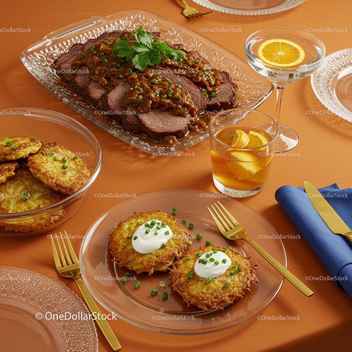 Elegant Dining with Roast Beef and Potato Pancakes Stock Photo Bundle preview 6