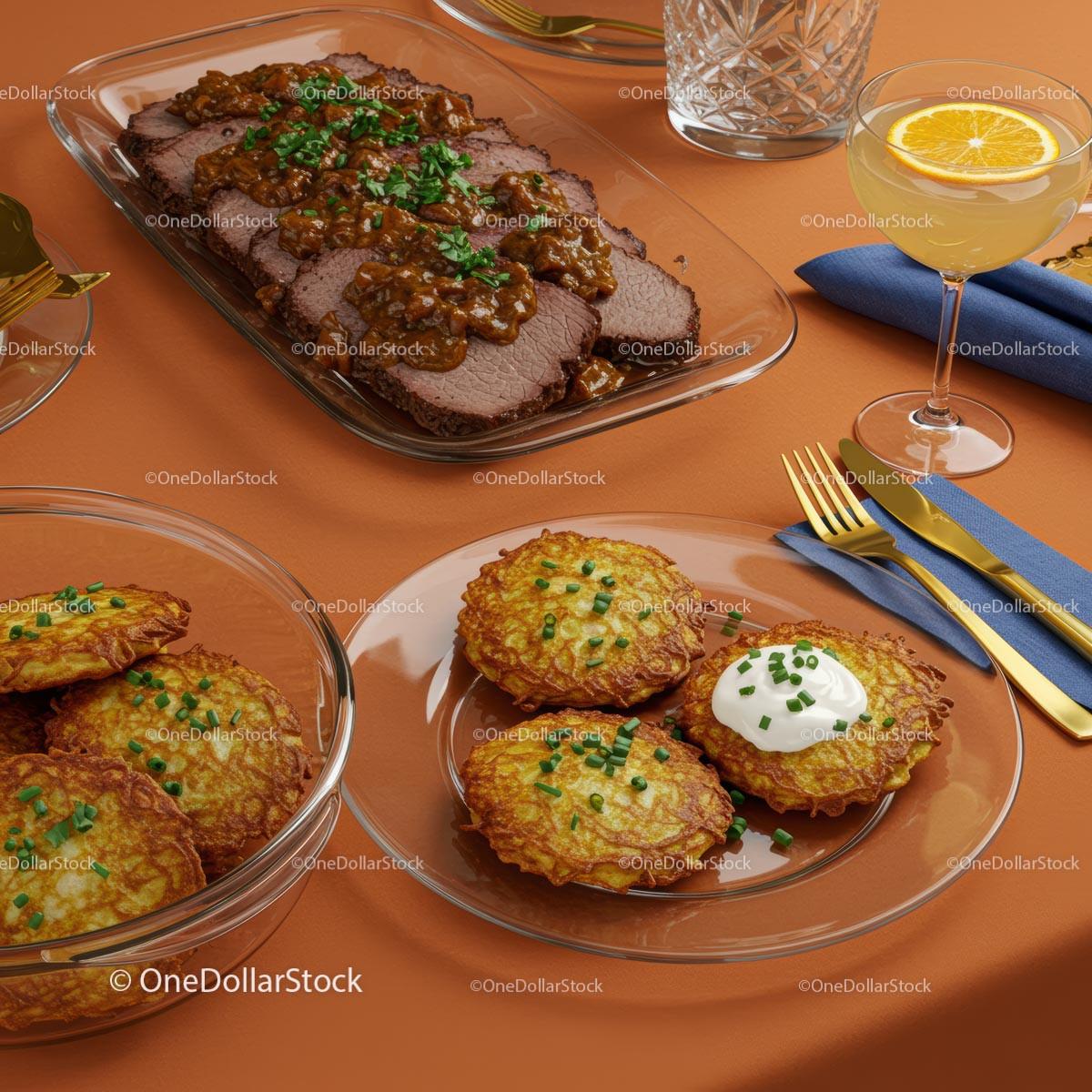 Elegant Dining with Roast Beef and Potato Pancakes Stock Photo Bundle preview 7