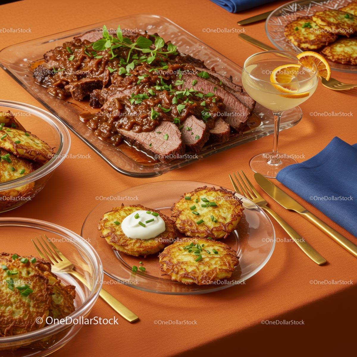 Elegant Dining with Roast Beef and Potato Pancakes Stock Photo Bundle preview 8
