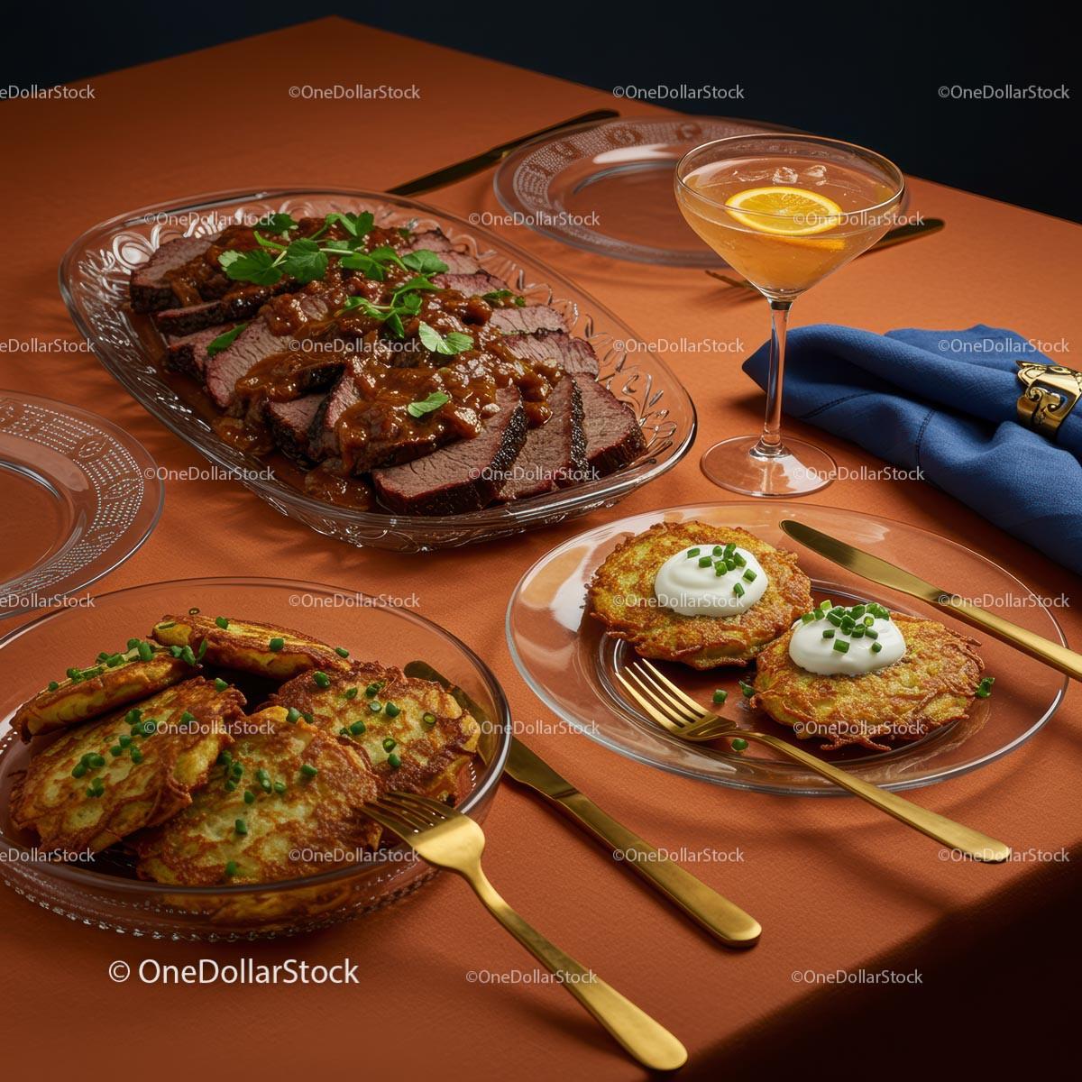Elegant Dining with Roast Beef and Potato Pancakes Stock Photo Bundle preview 9