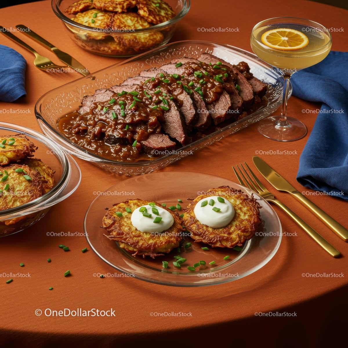 Elegant Dining with Roast Beef and Potato Pancakes Stock Photo Bundle preview 10