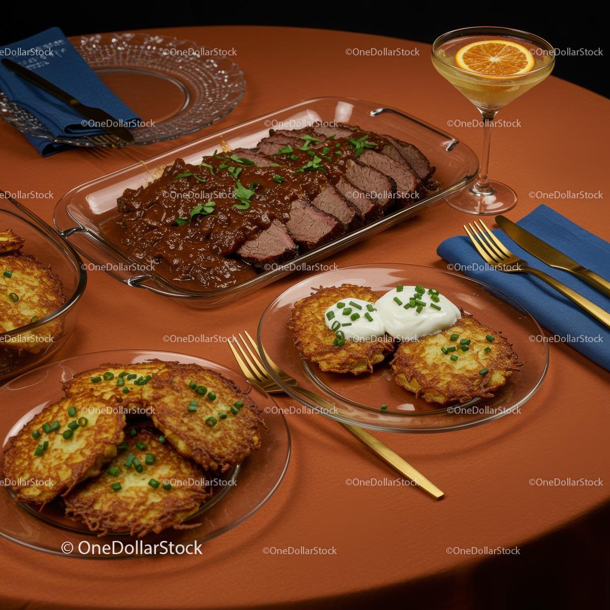 Elegant Dining with Roast Beef and Potato Pancakes Stock Photo Bundle preview 11