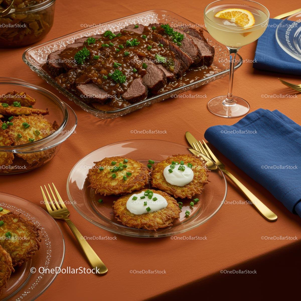 Elegant Dining with Roast Beef and Potato Pancakes Stock Photo Bundle preview 12