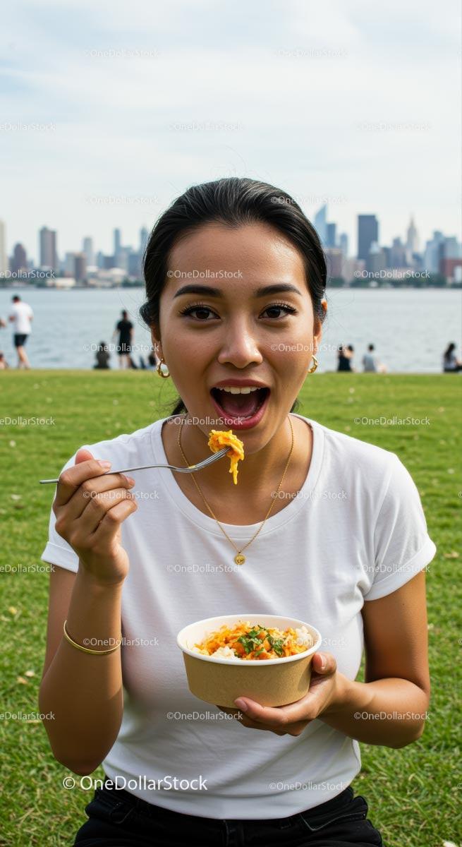 Woman Enjoying Delicious Meal in Urban Park