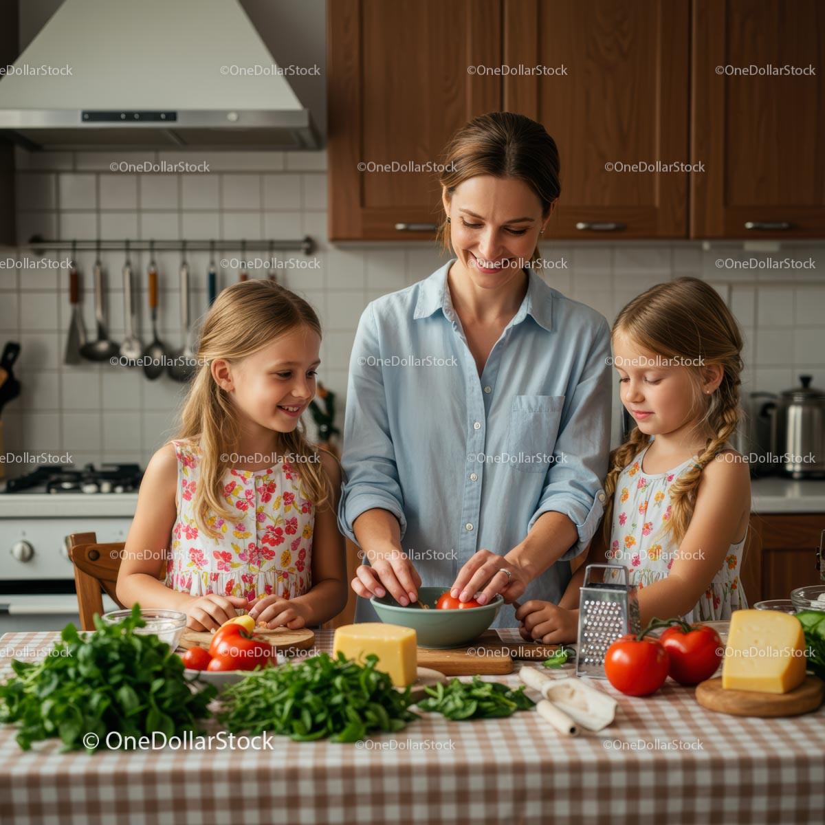 Mother with Daughters Cooking in Cozy Kitchen