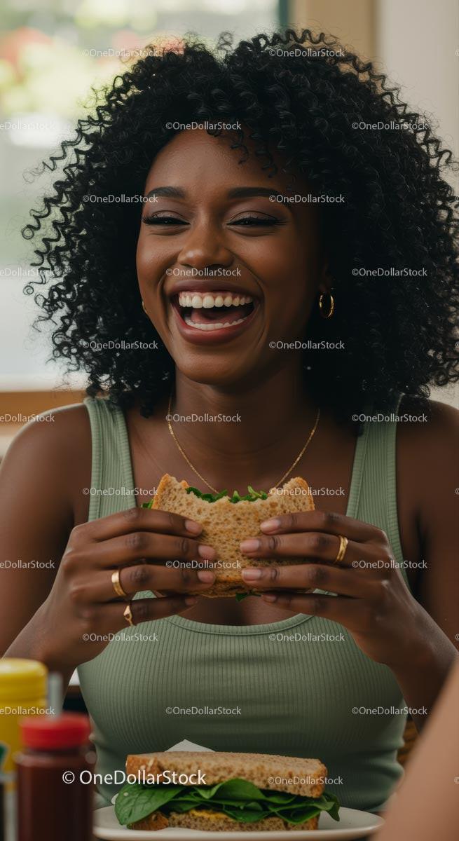 Joyful Woman Enjoying a Healthy Sandwich at Home