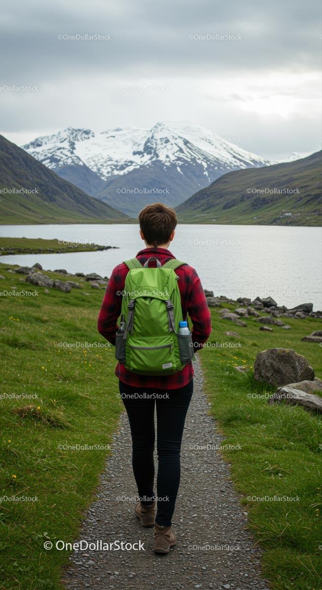 Person Hiking on Scenic Mountain Trail with Snowy Peaks